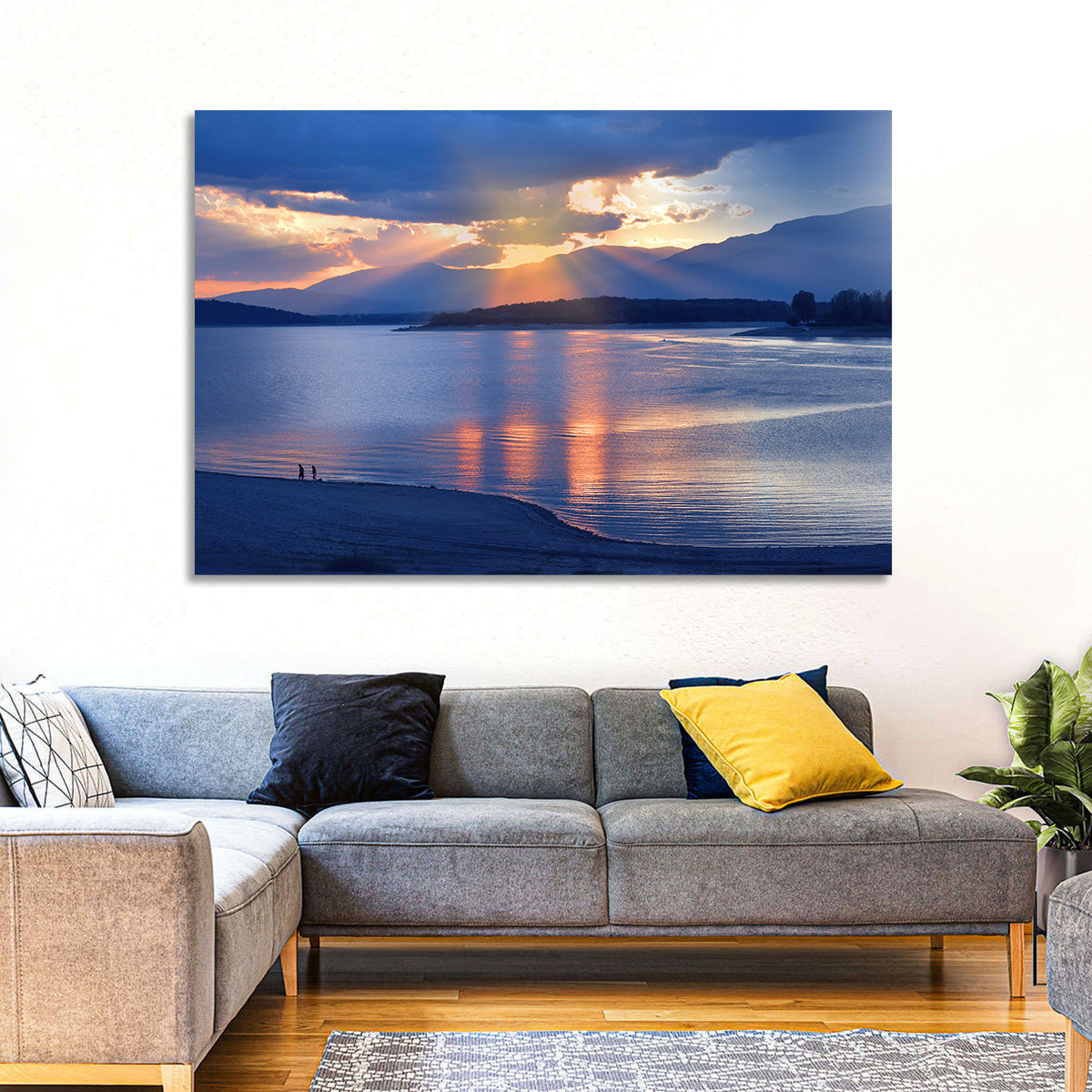 Lake Sunset with Silhouettes Wall Art in a room, landscape