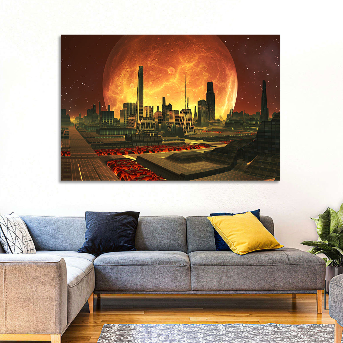 Molten Lunar Cityscape Wall Art in a room, landscape