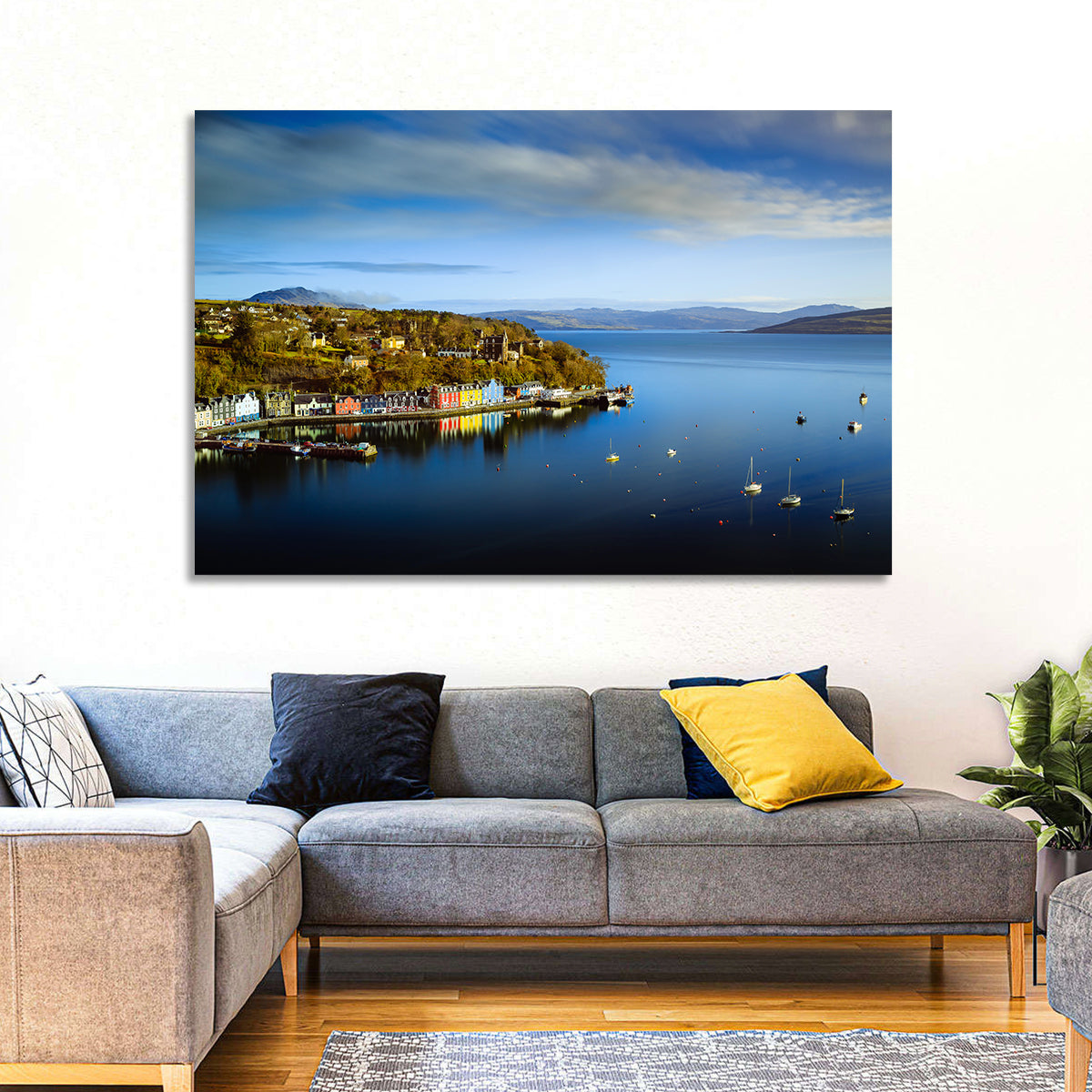 Portree Harbour Colorful Houses Wall Art in a room, landscape