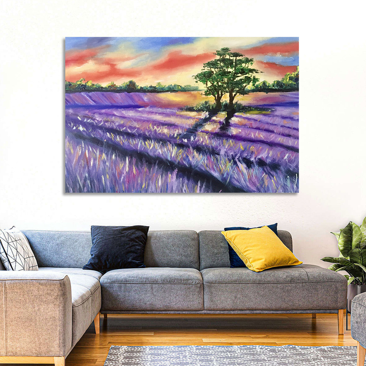 Lavender Field at Sunset Wall Art in a room, landscape