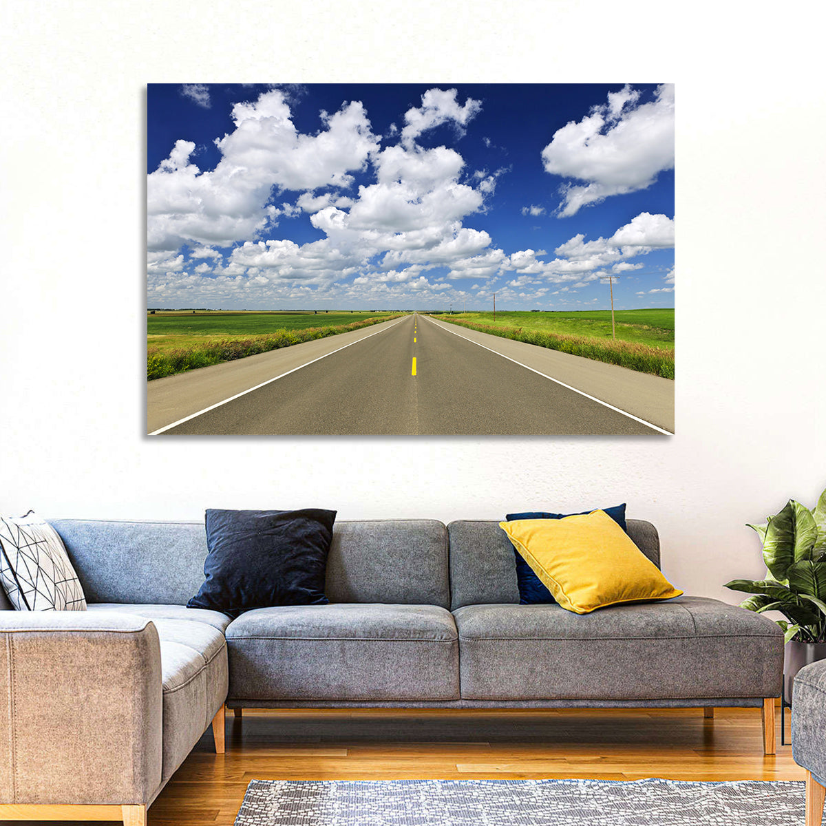 Saskatchewan Prairie Highway Wall Art in a room, landscape