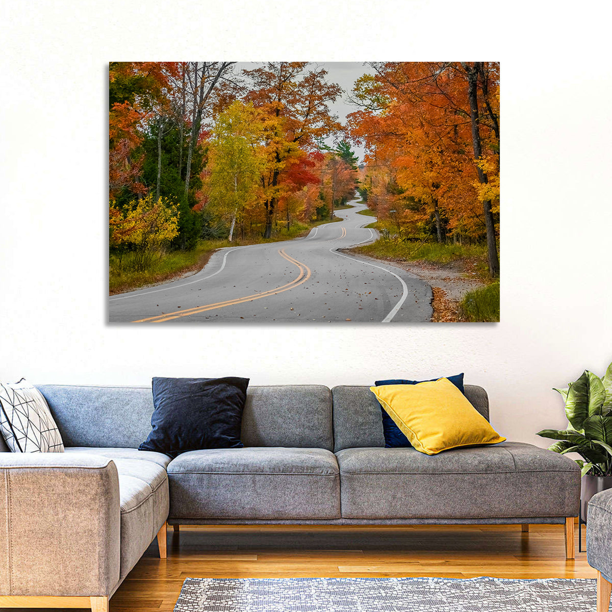 Winding Autumn Highway Wall Art in a room, landscape
