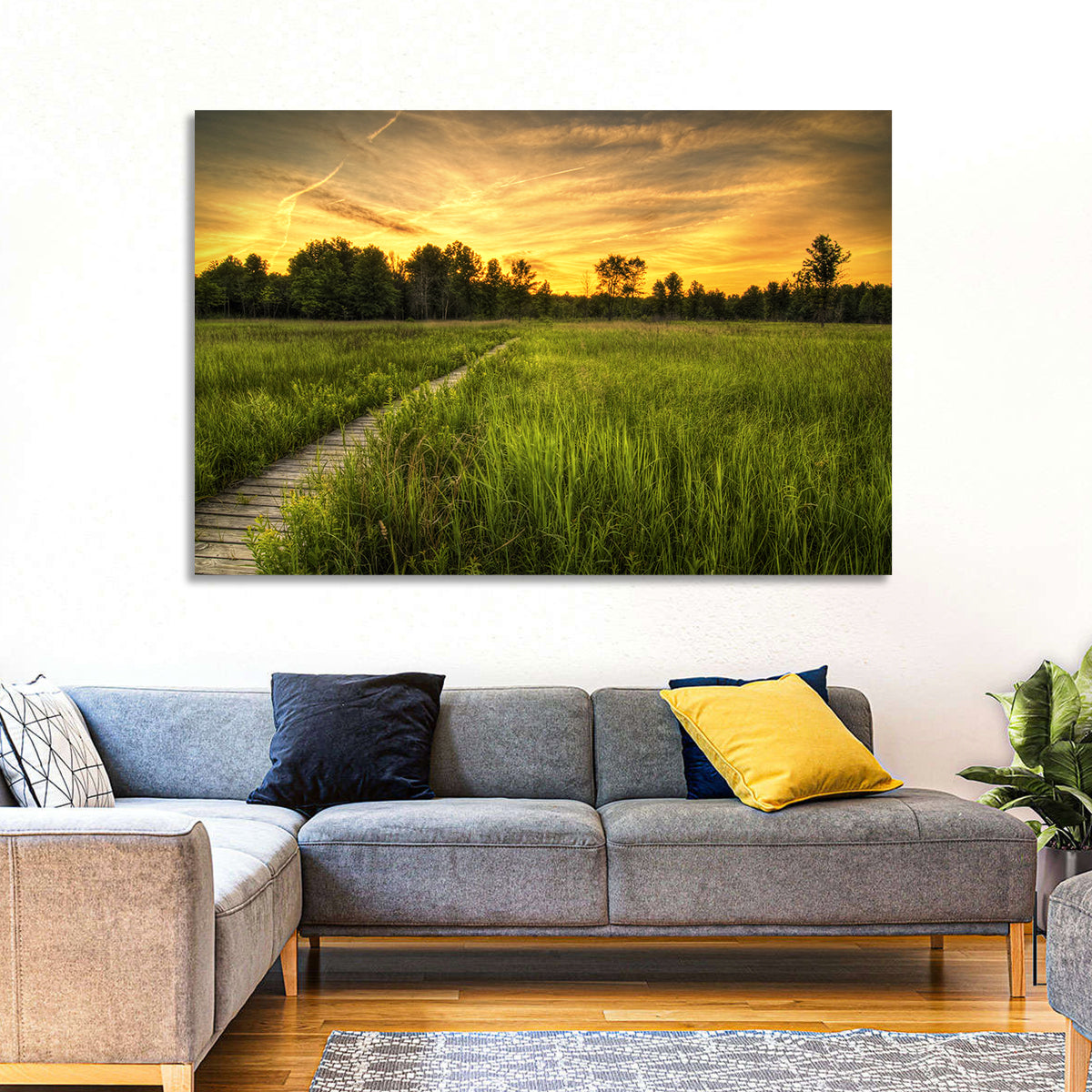 Irwin Prairie Boardwalk Sunset Wall Art in a room, landscape