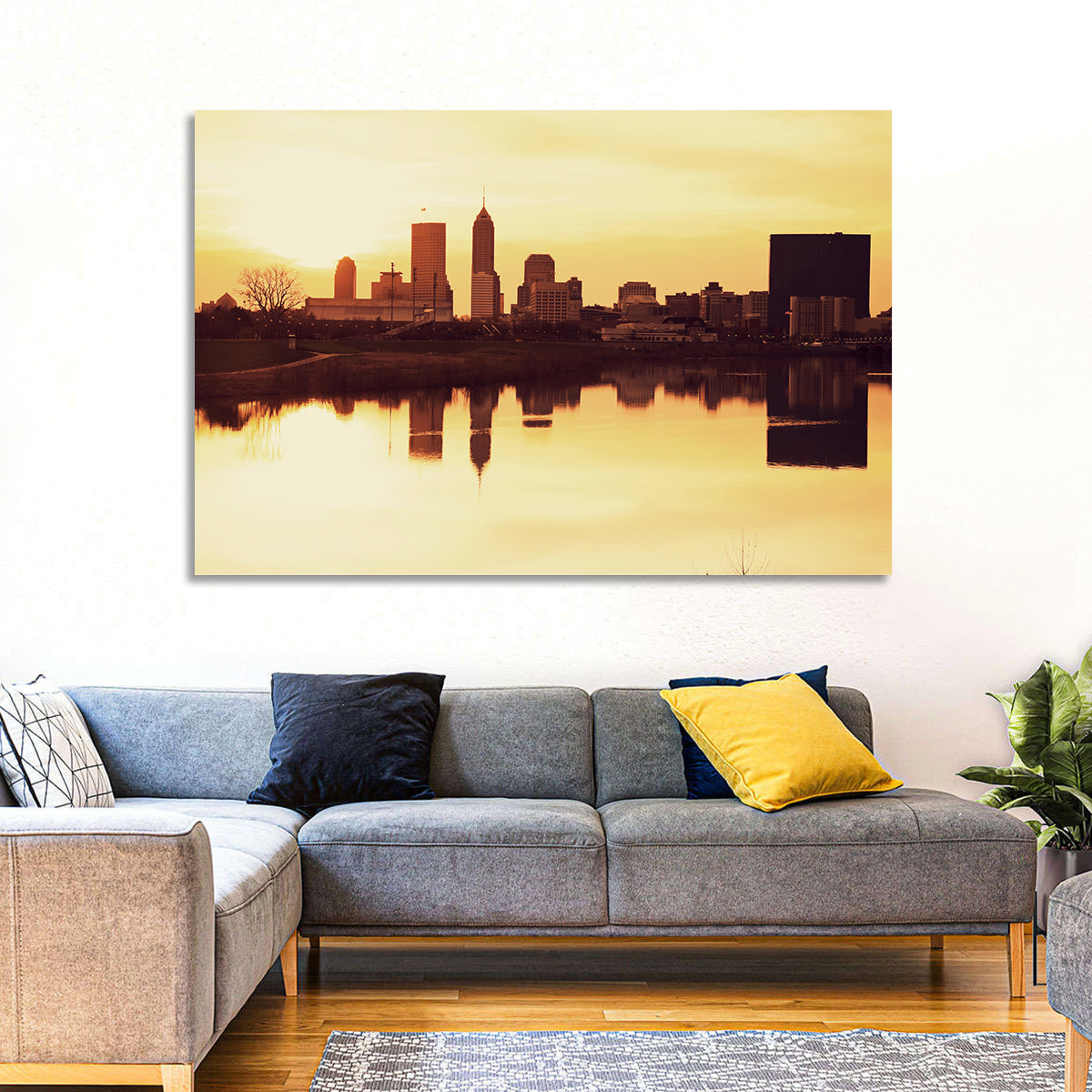 Indianapolis Golden Hour Skyline Wall Art in a room, landscape