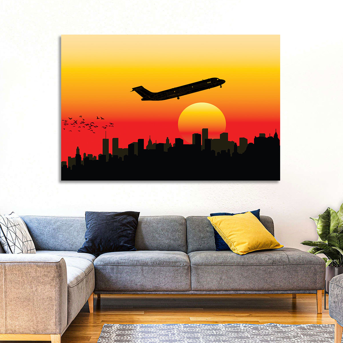 Airplane Over Sunset Skyline Wall Art