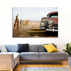Abandoned Rusty Vintage Cars Behind Barbed Wire Wall Art