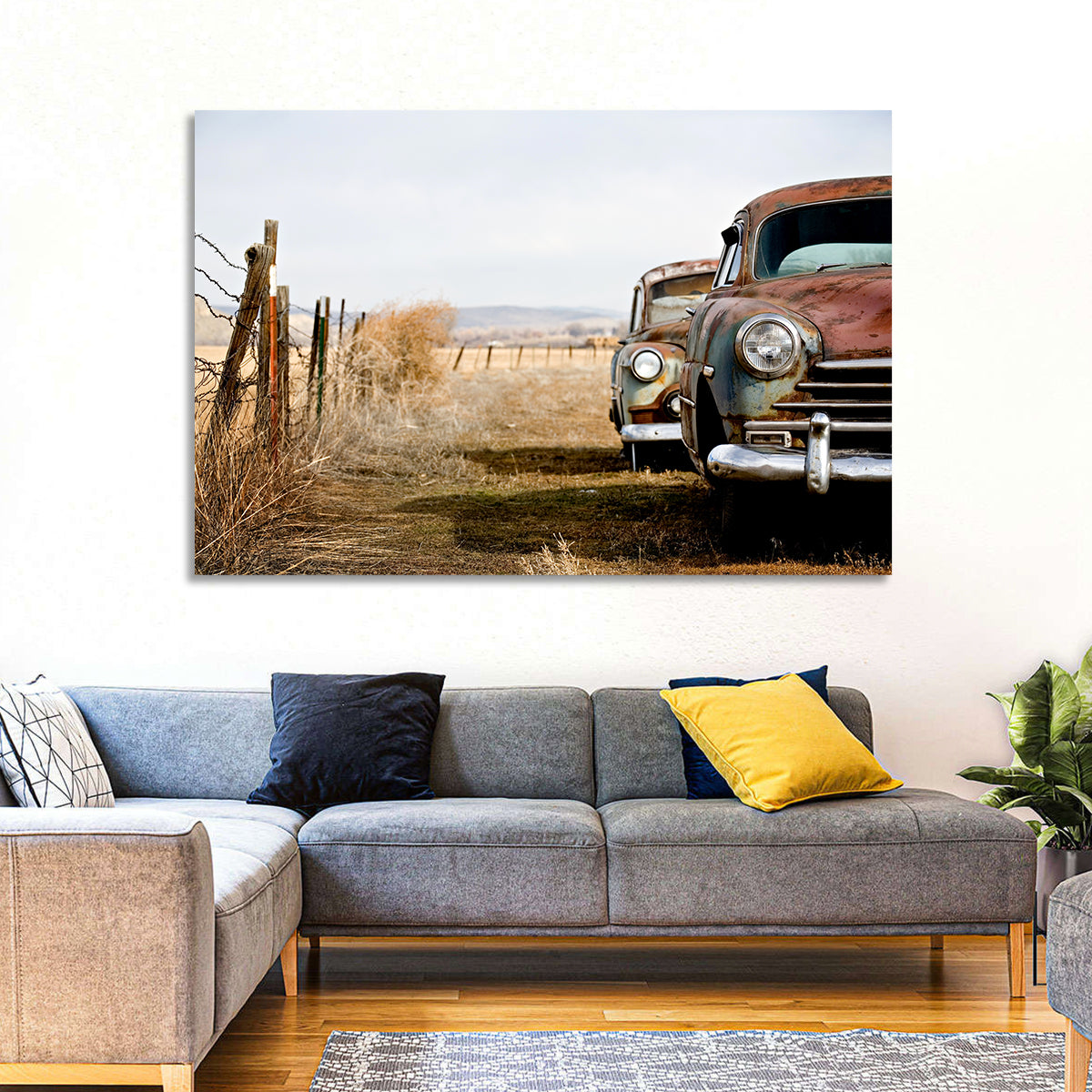 Abandoned Rusty Vintage Cars Behind Barbed Wire Wall Art