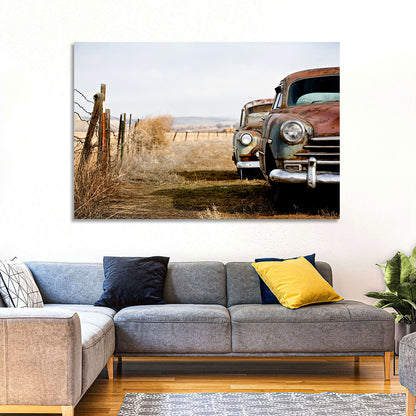 Abandoned Rusty Vintage Cars Behind Barbed Wire Wall Art