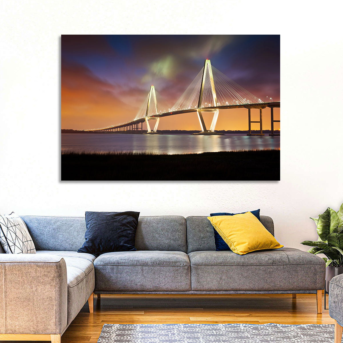 Arthur Ravenel Jr. Bridge at Dusk Wall Art in a room, landscape