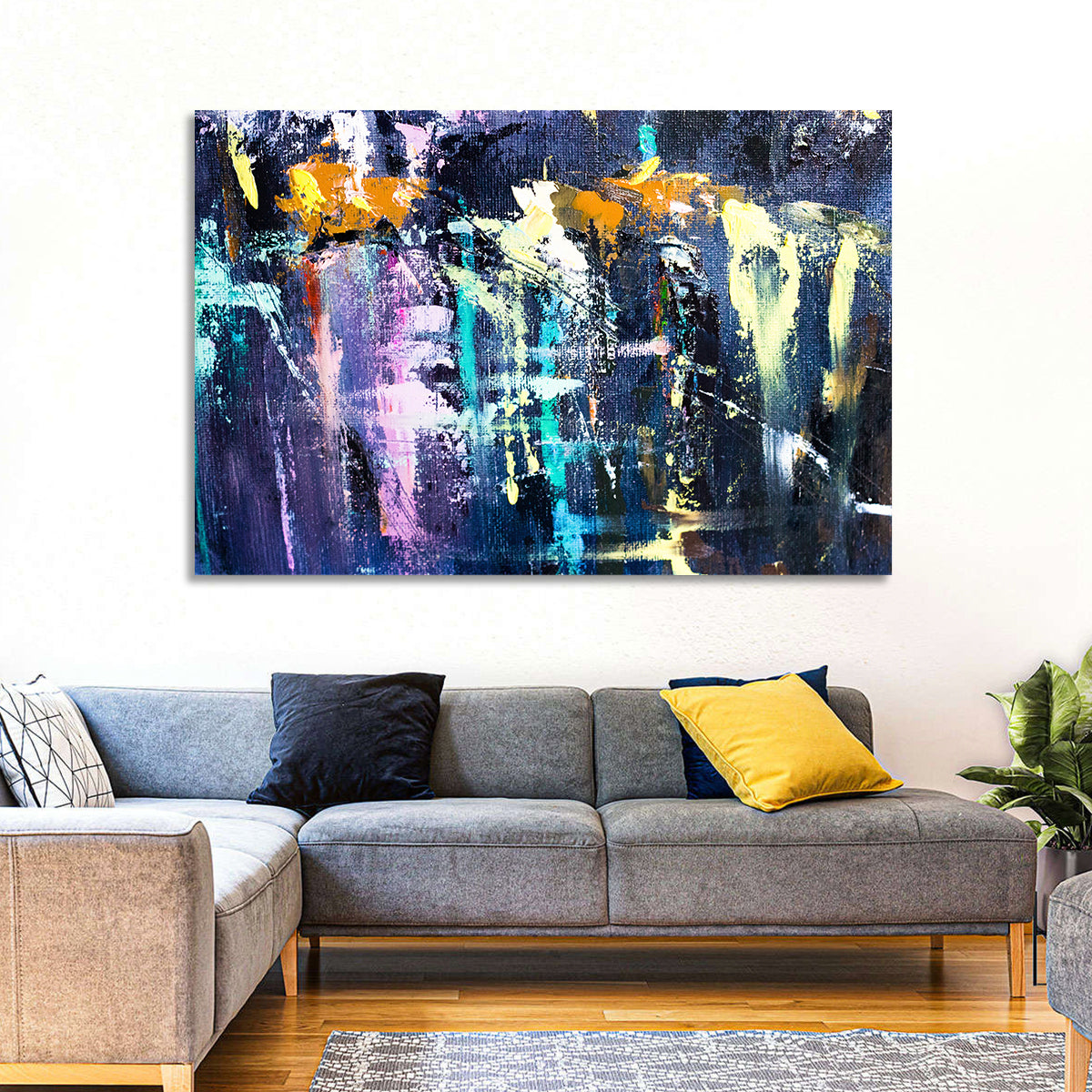 Impasto Waterfall in Blue and Purple Wall Art in a room, landscape