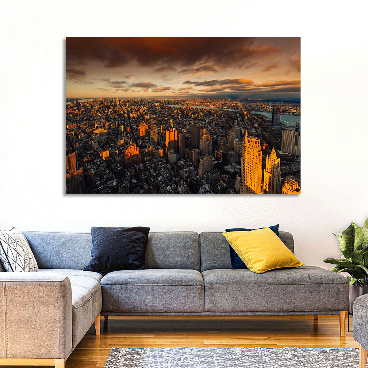 South Manhattan Sunset Skyline Wall Art in a room, landscape