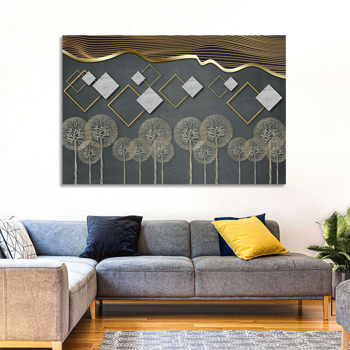Gray and Gold Dandelion Wall Art in a room, landscape