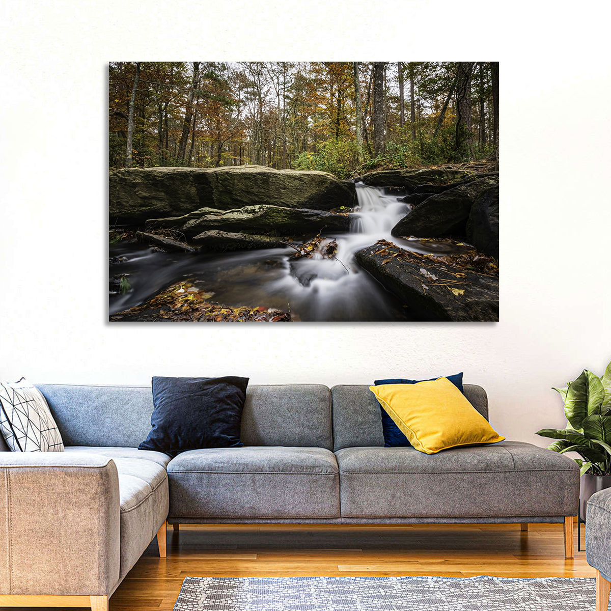 Cheaha Falls Autumn Waterfall Wall Art in a room, landscape