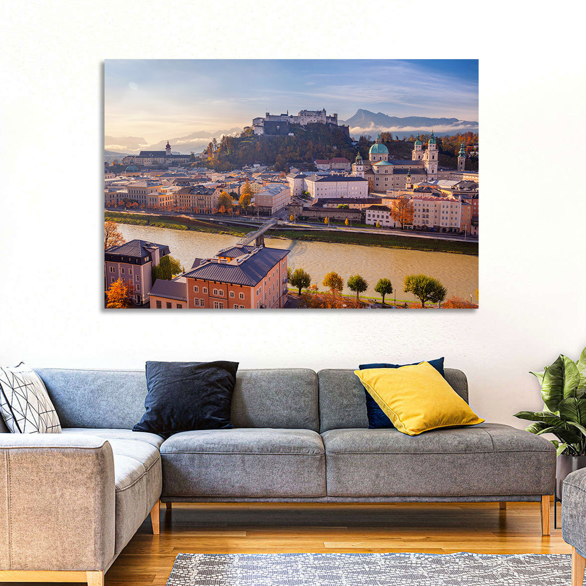 Salzburg Skyline at Golden Hour Wall Art in a room, landscape