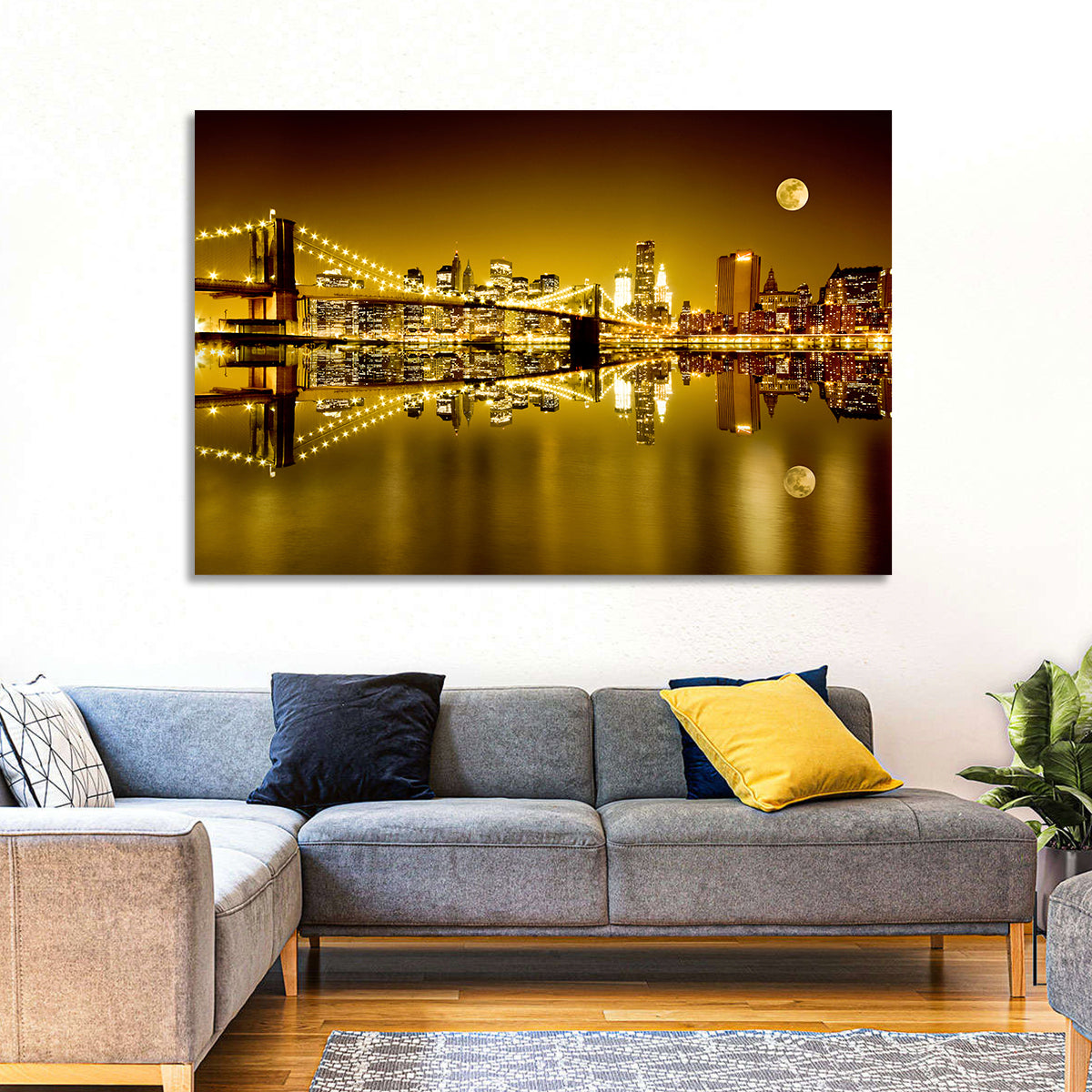 Brooklyn Bridge Moonlit Reflection Wall Art in a room, landscape