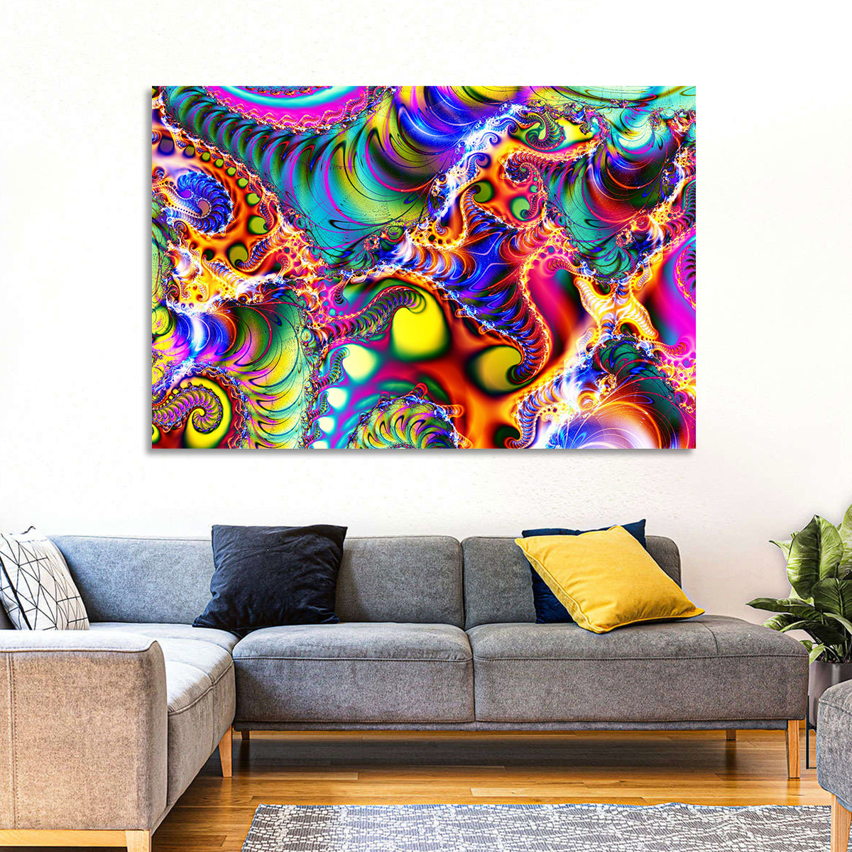 Chromatic Fractal Swirls Wall Art in a room, landscape