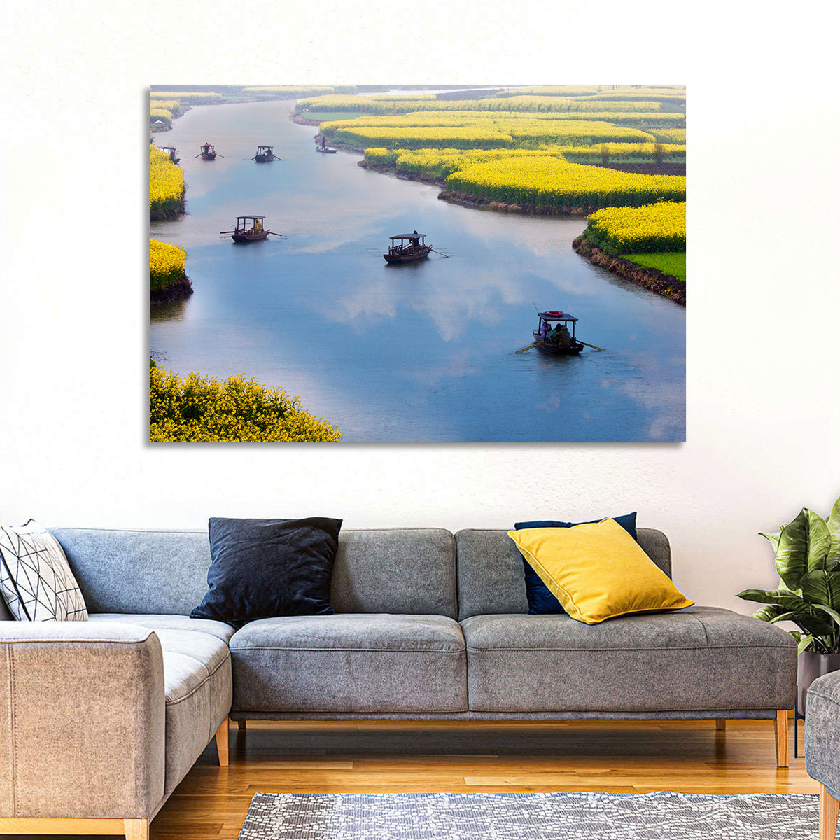 Spring River Rowboats in Rapeseed Fields Wall Art