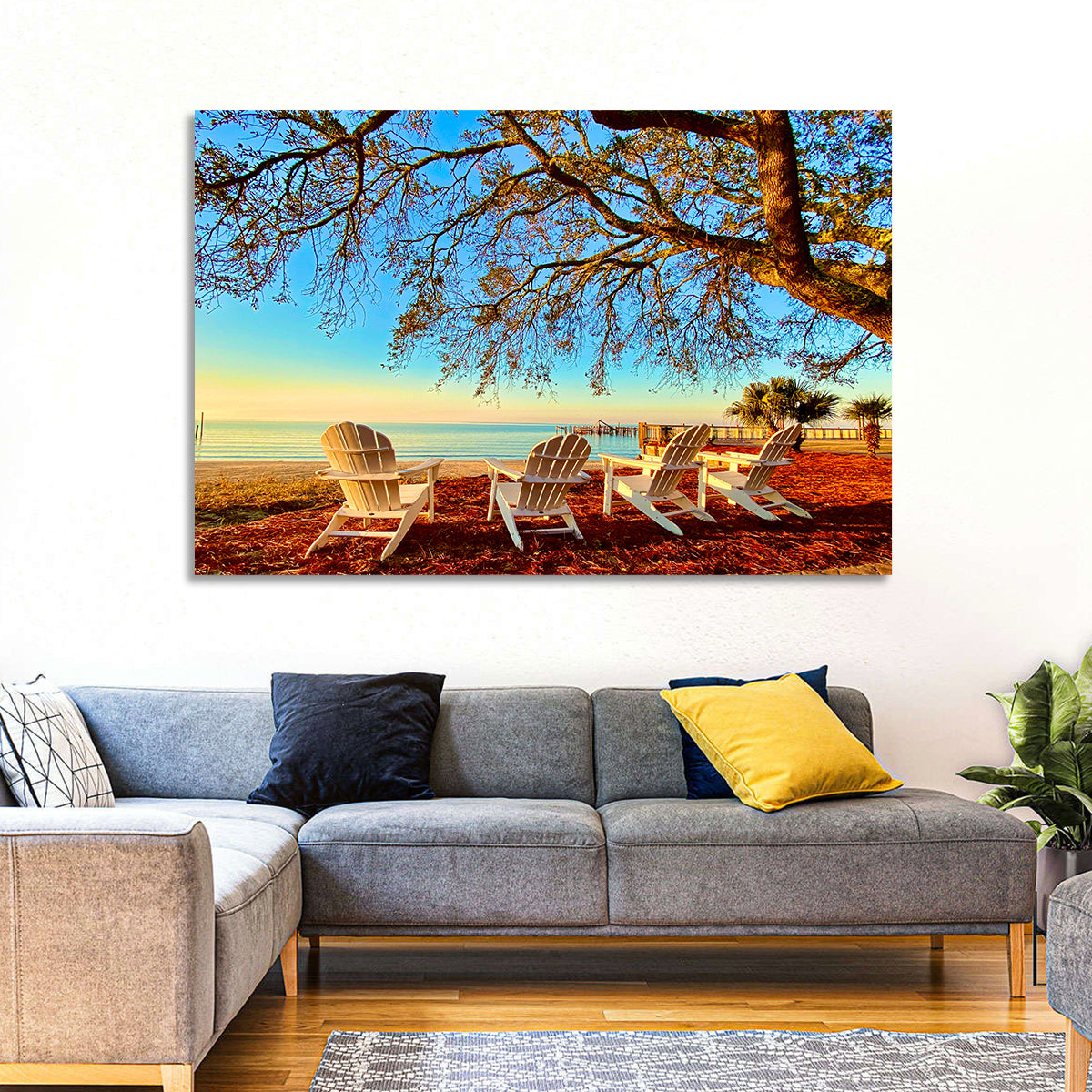Mobile Bay Adirondack Chairs at Sunrise Wall Art