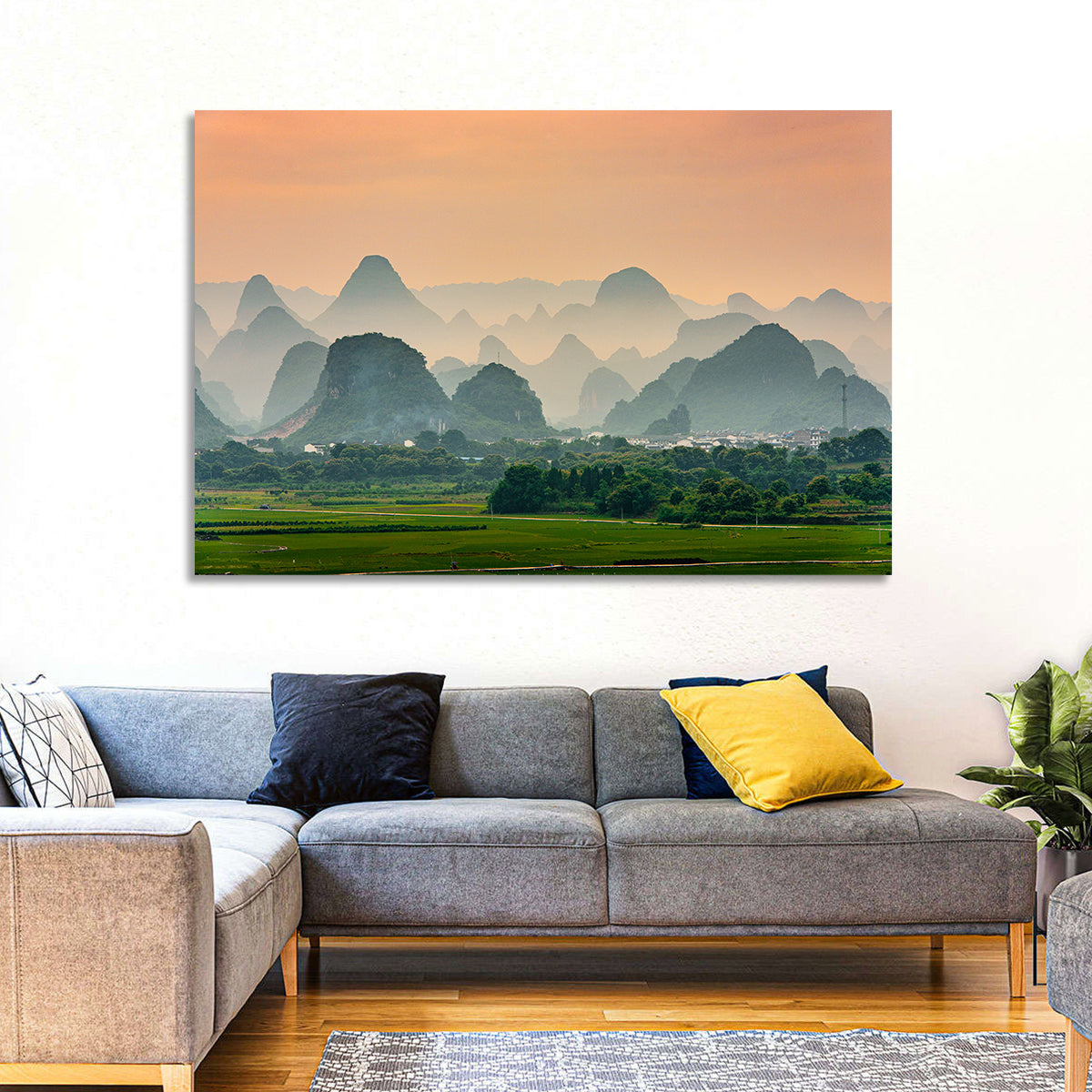 Misty Karst Mountains Wall Art in a room, landscape