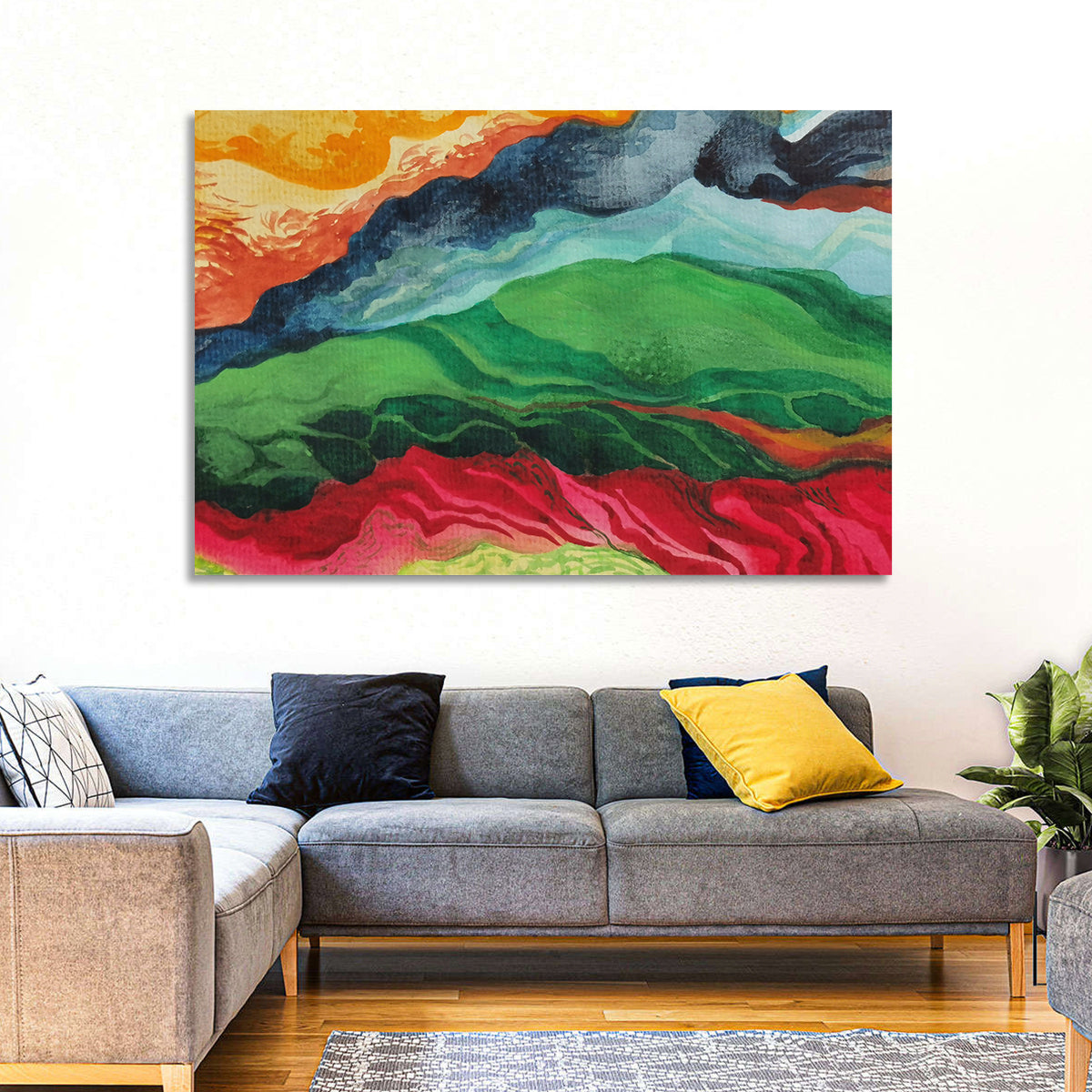 River Through Abstract Mountains Wall Art in a room, landscape