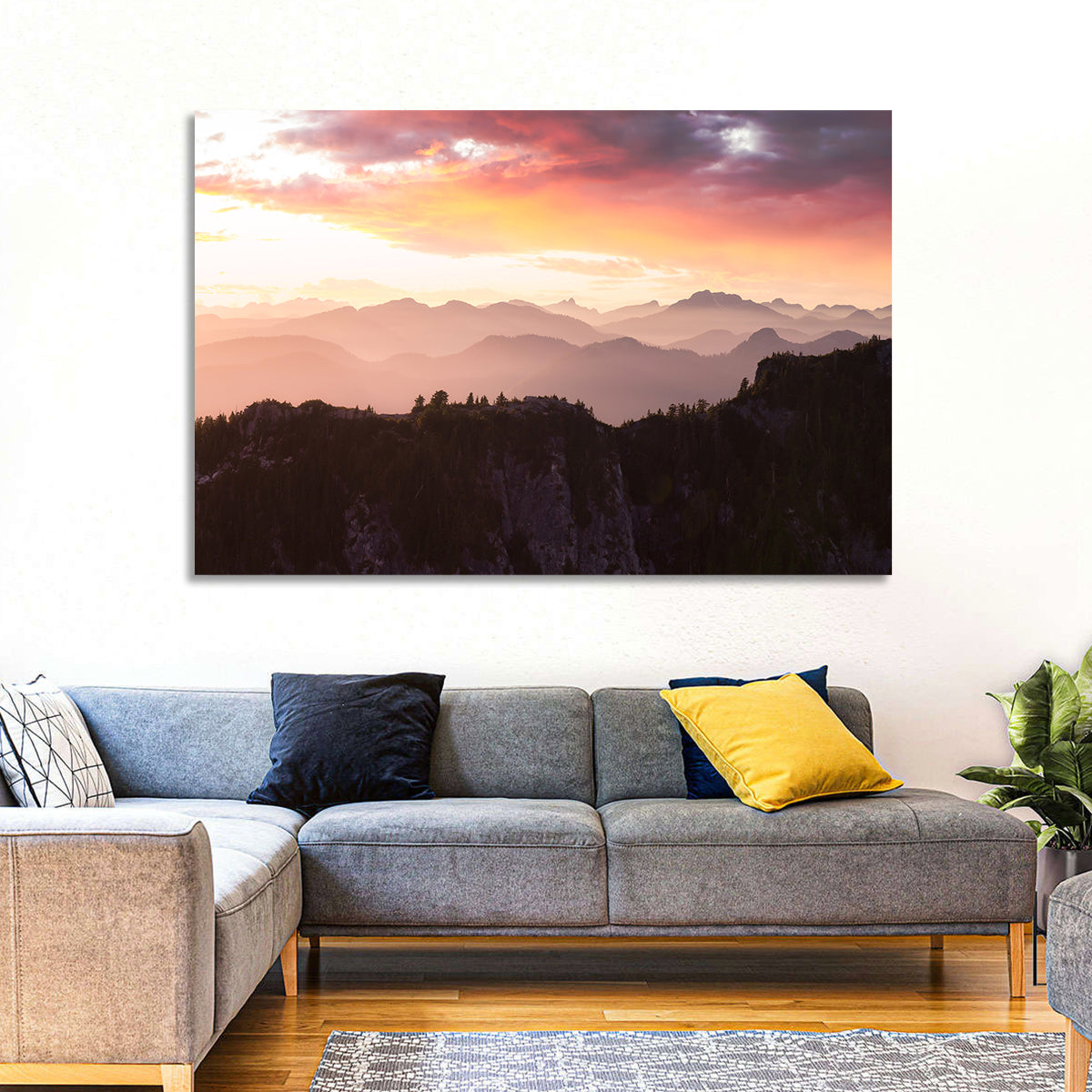 Vancouver Mountains at Sunset Wall Art in a room, landscape