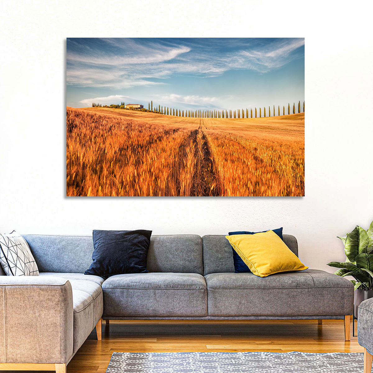 Tuscan Wheat Field Wall Art in a room, landscape