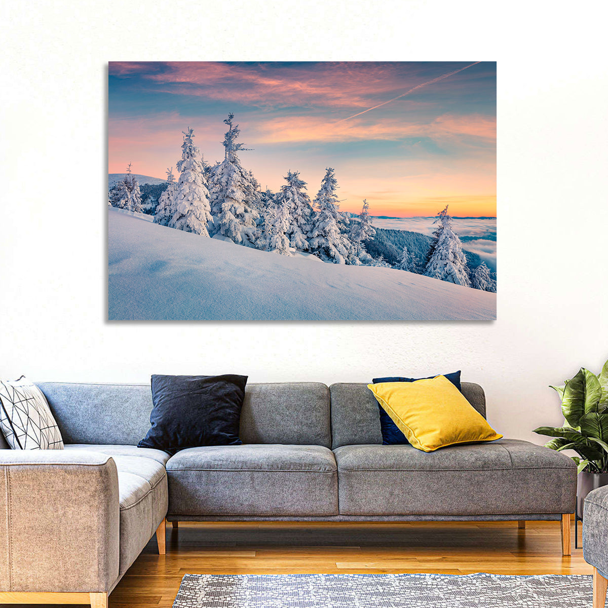 Snowy Carpathian Sunset Wall Art in a room, landscape