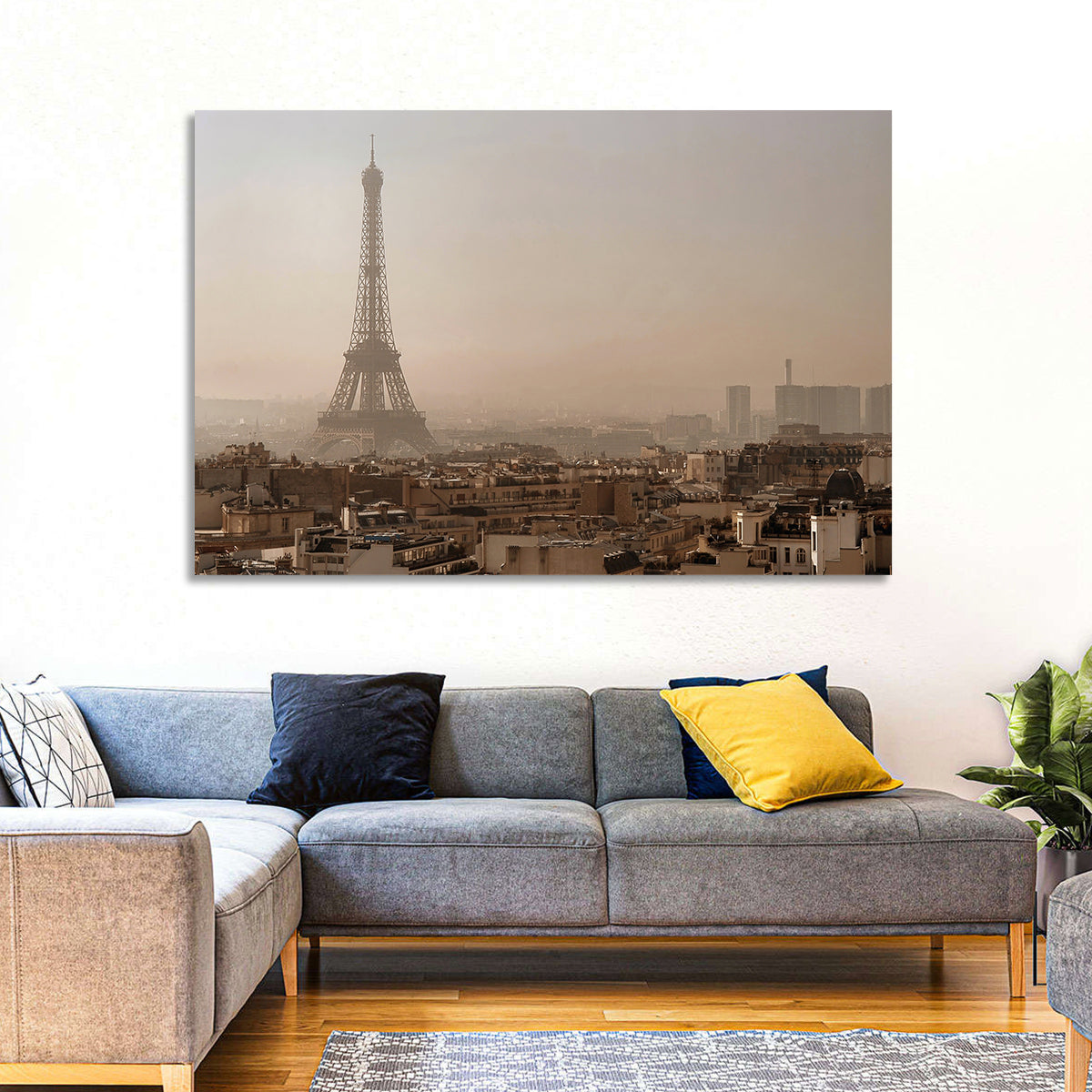 Eiffel Tower Over Paris Rooftops Wall Art in a room, landscape