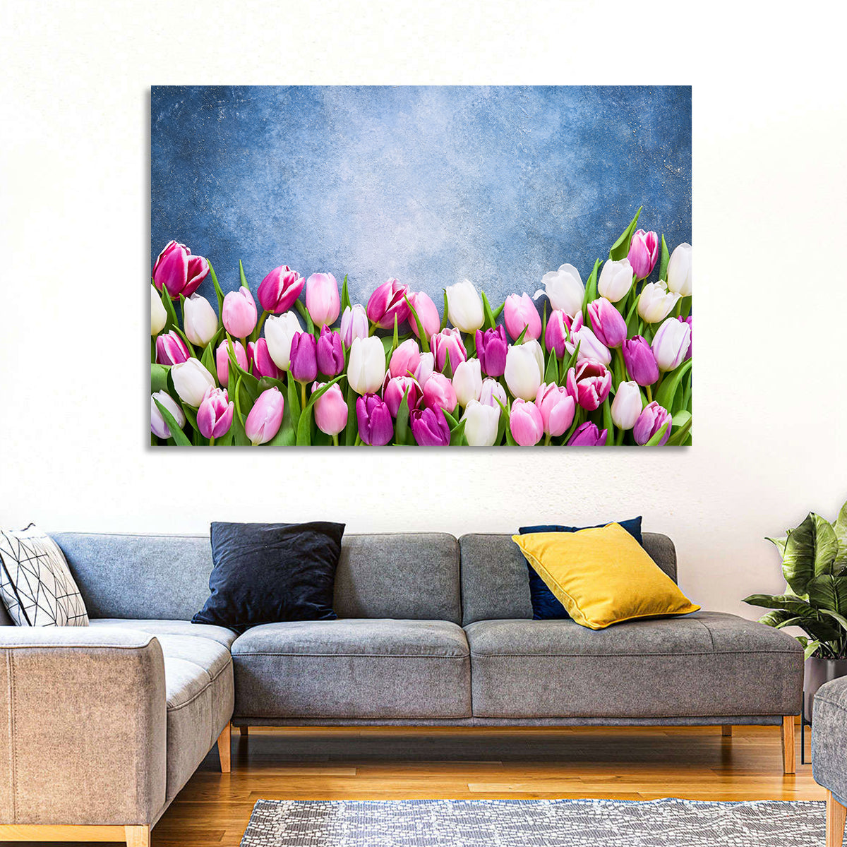 Tulips on Textured Blue Wall Art