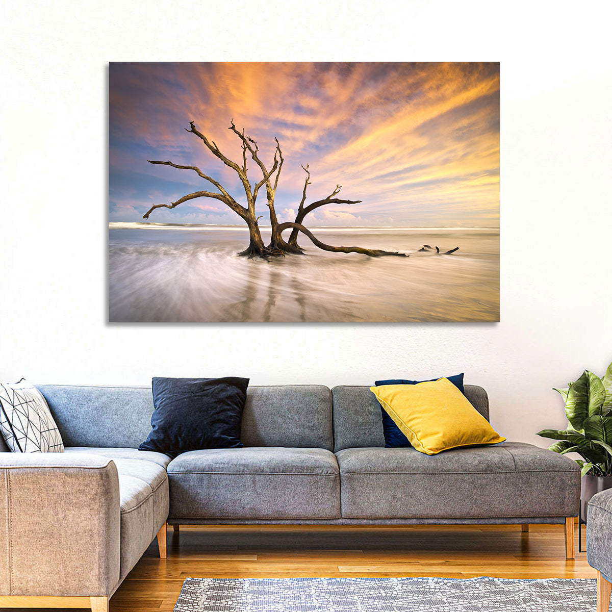 Folly Beach Driftwood Sunset Wall Art in a room, landscape