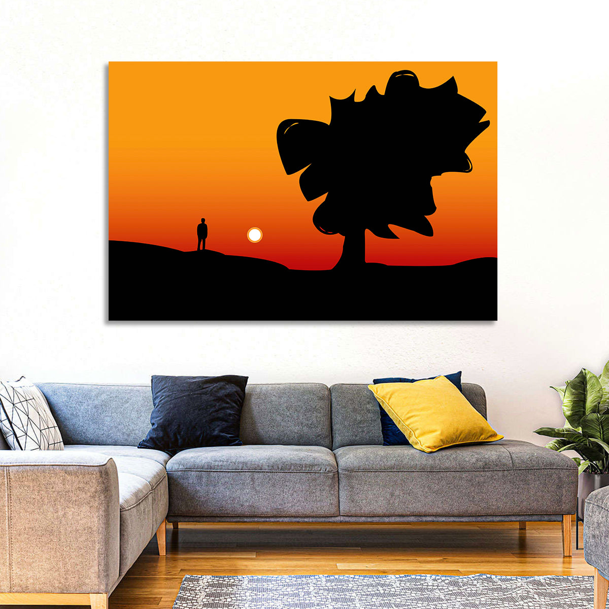 Solitary Sunset Silhouette Wall Art in a room, landscape