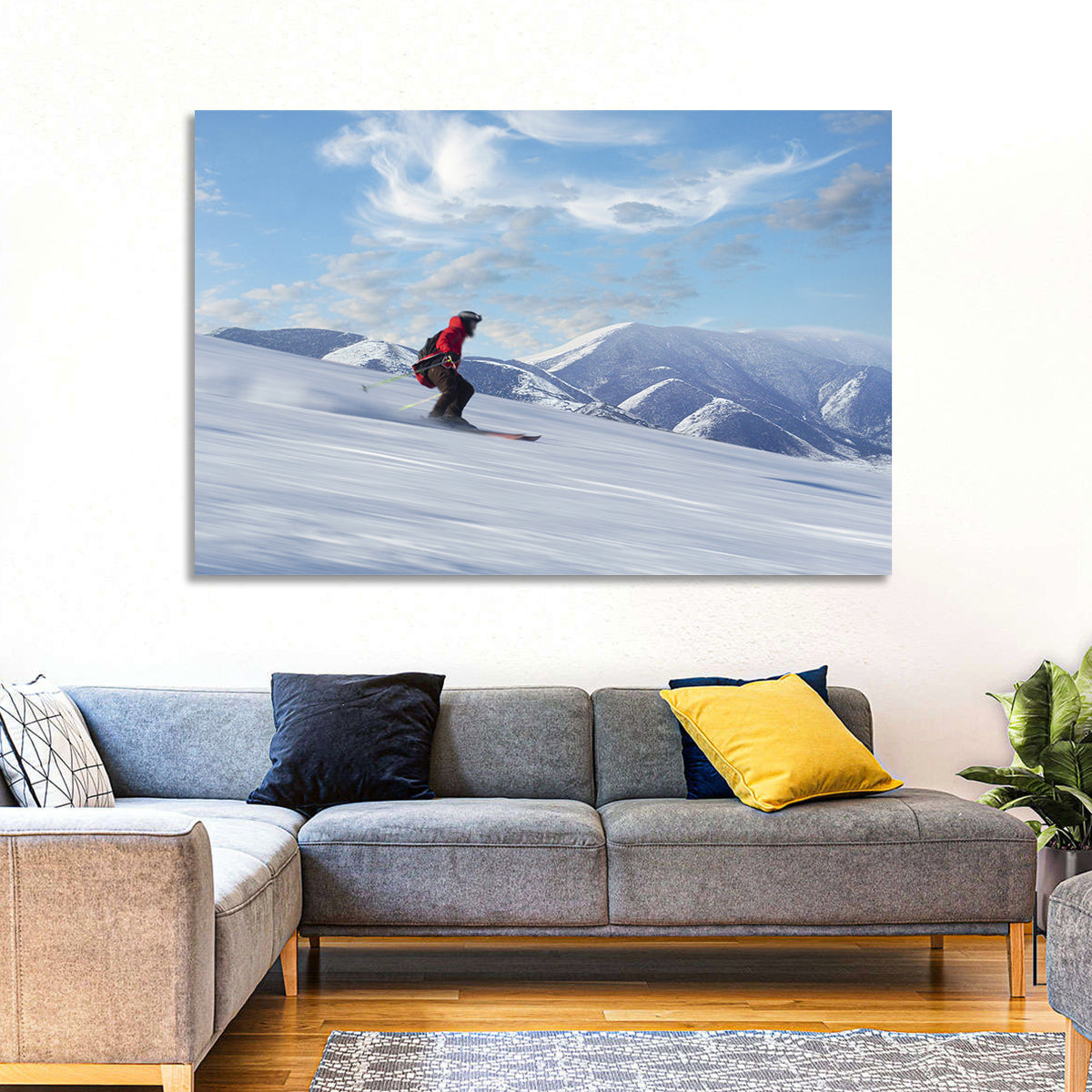 Skier on Snowy Mountain Slope Wall Art in a room, landscape