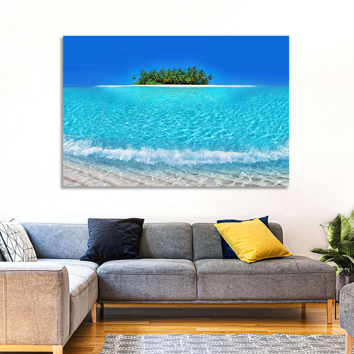 Turquoise Atoll Sandbar with Palm Trees Wall Art in a room, landscape