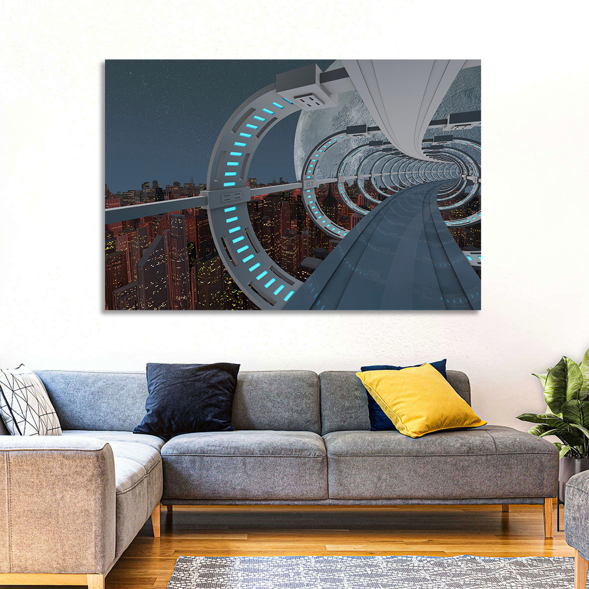 Futuristic City Tunnel with Moon Wall Art in a room, landscape