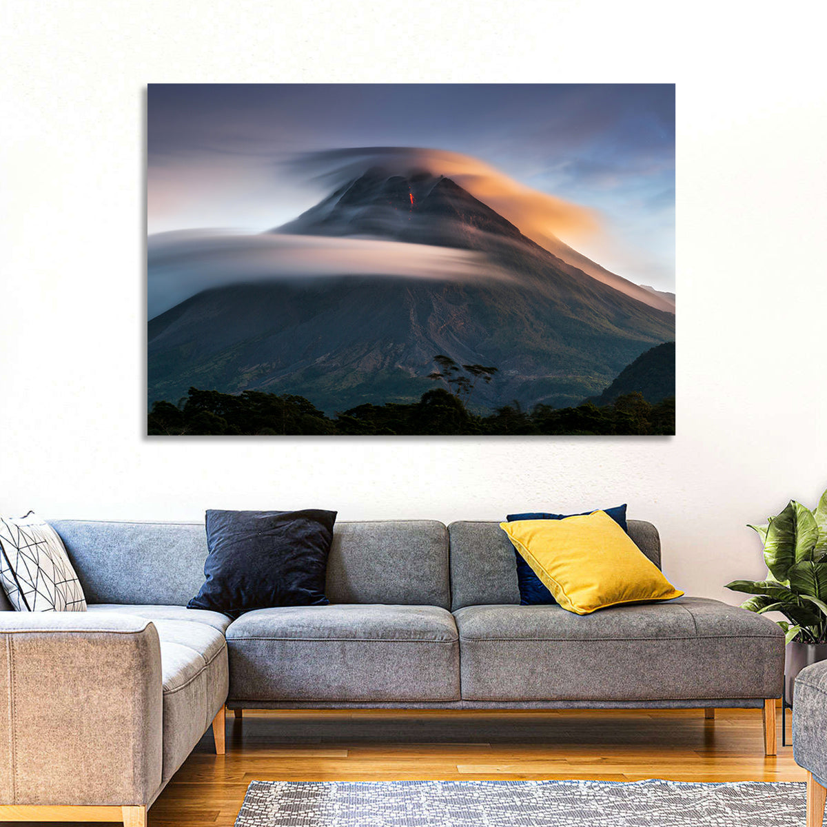 Mount Merapi at Dusk Wall Art in a room, landscape