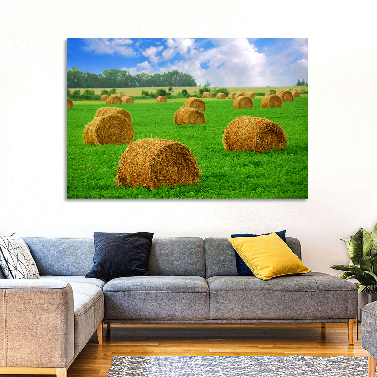 Golden Hay Bales in Green Field Wall Art in a room, landscape