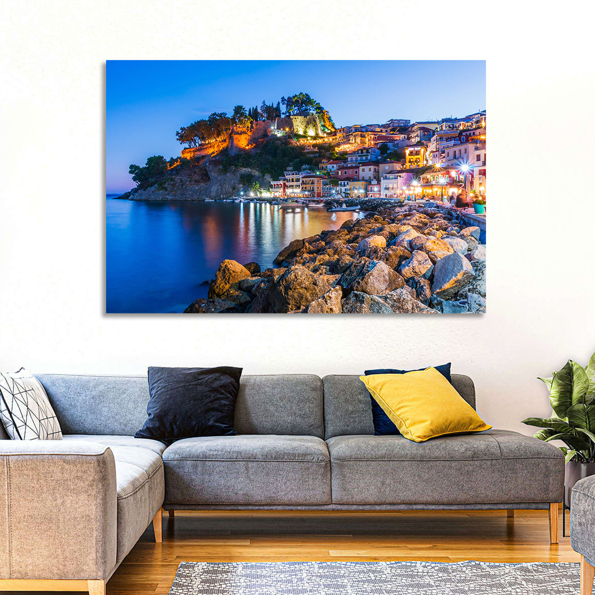 Parga Harbor at Dusk Wall Art in a room, landscape