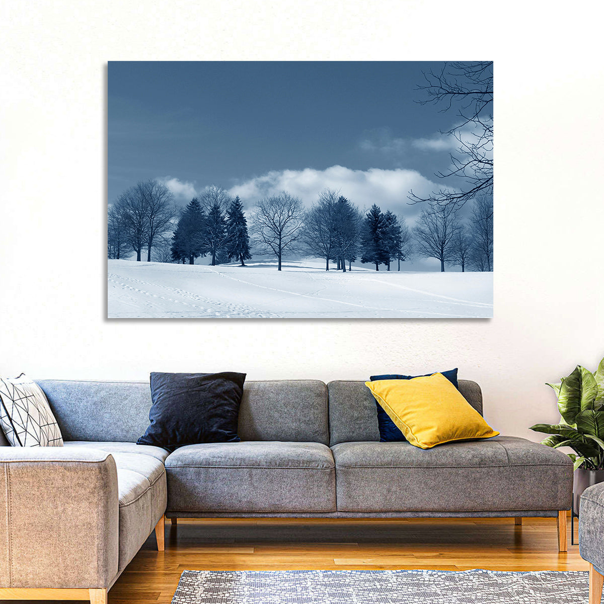 Snowy Field with Tracks Wall Art in a room, landscape