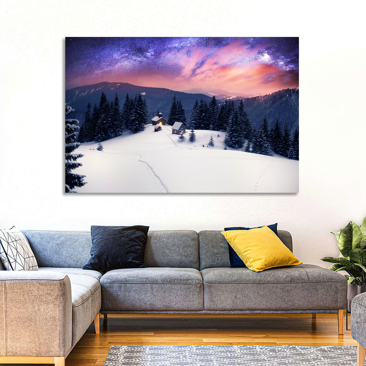 Starry Winter Cabins Under the Milky Way Wall Art in a room, landscape