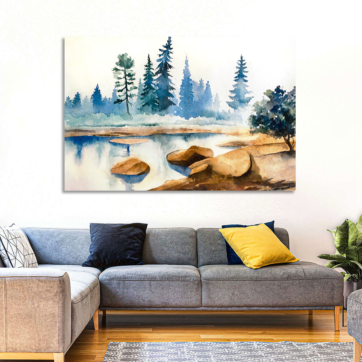 Misty Pine Stream Wall Art in a room, landscape