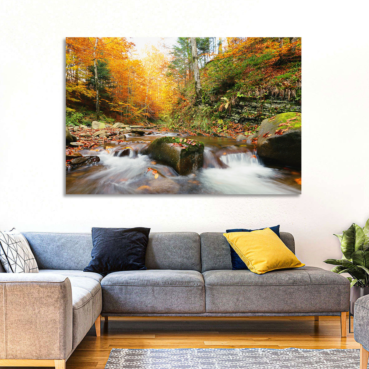 Forest Stream in Autumn Wall Art in a room, landscape