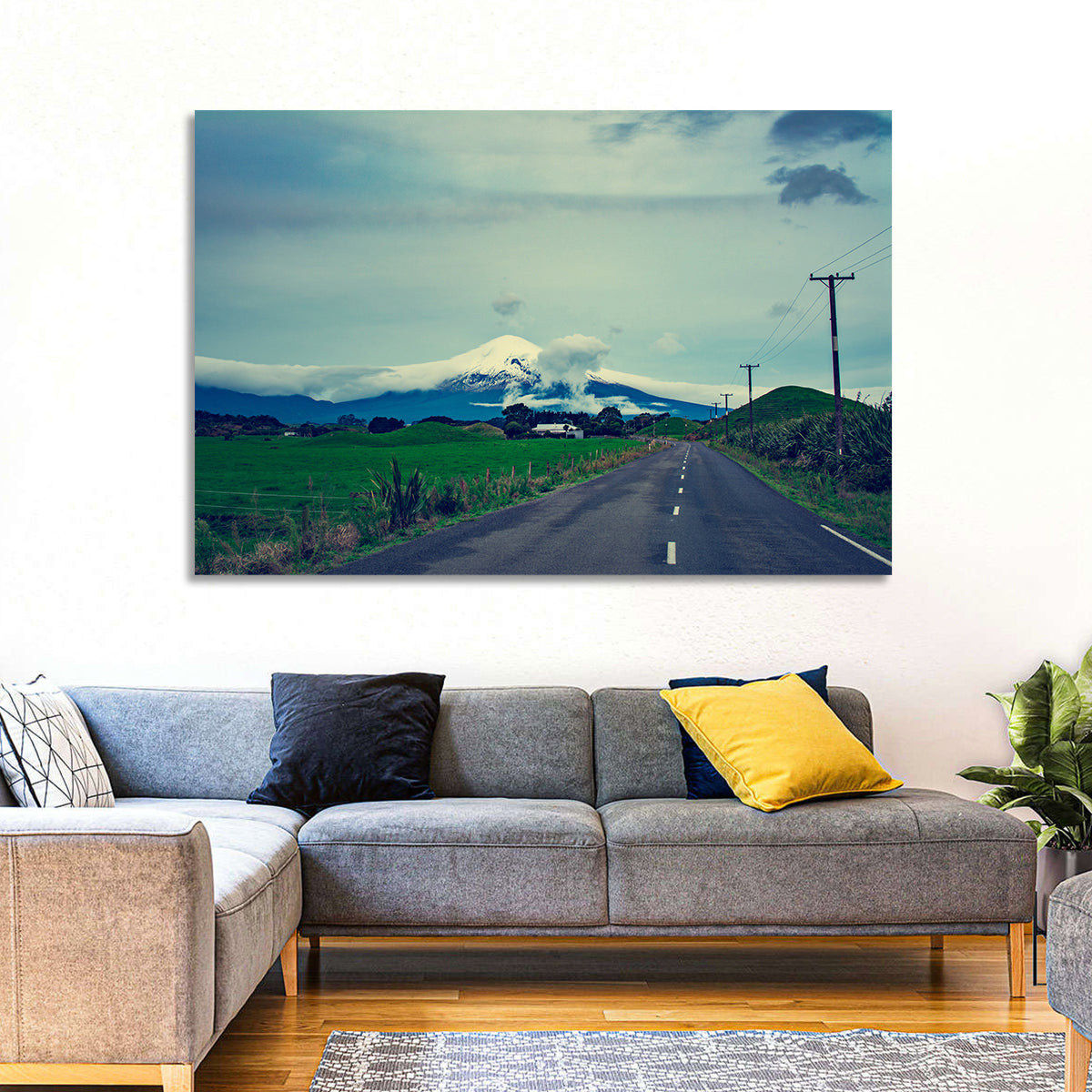 Empty Road to Mount Taranaki Wall Art in a room, landscape