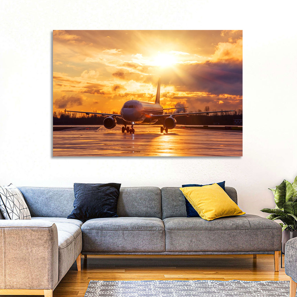 Golden Hour Airliner on Wet Runway Wall Art