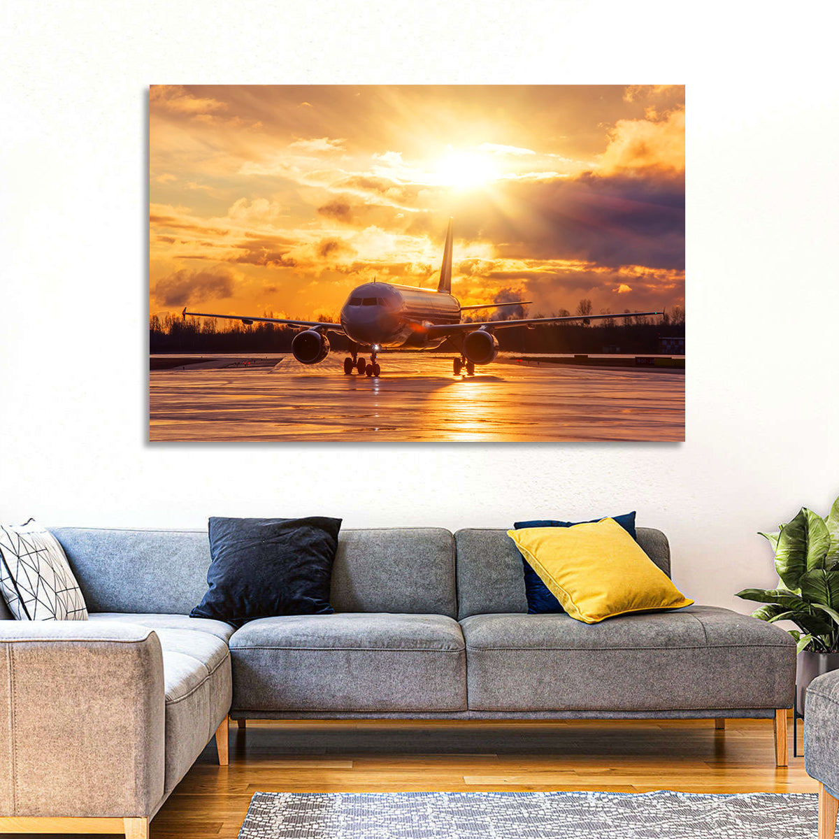 Golden Hour Airliner on Wet Runway Wall Art