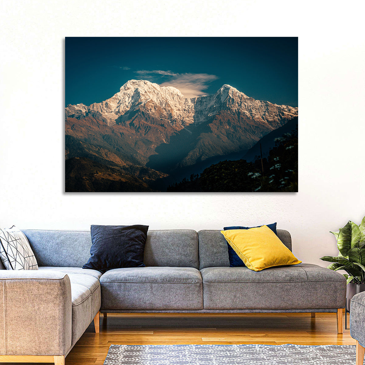 Annapurna South Summit with Wispy Clouds Wall Art in a room, landscape