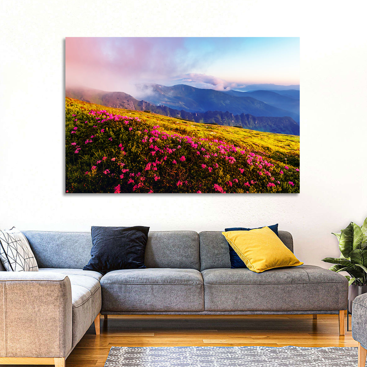 Alpine Rhododendron Meadow at Golden Hour Wall Art in a room, landscape
