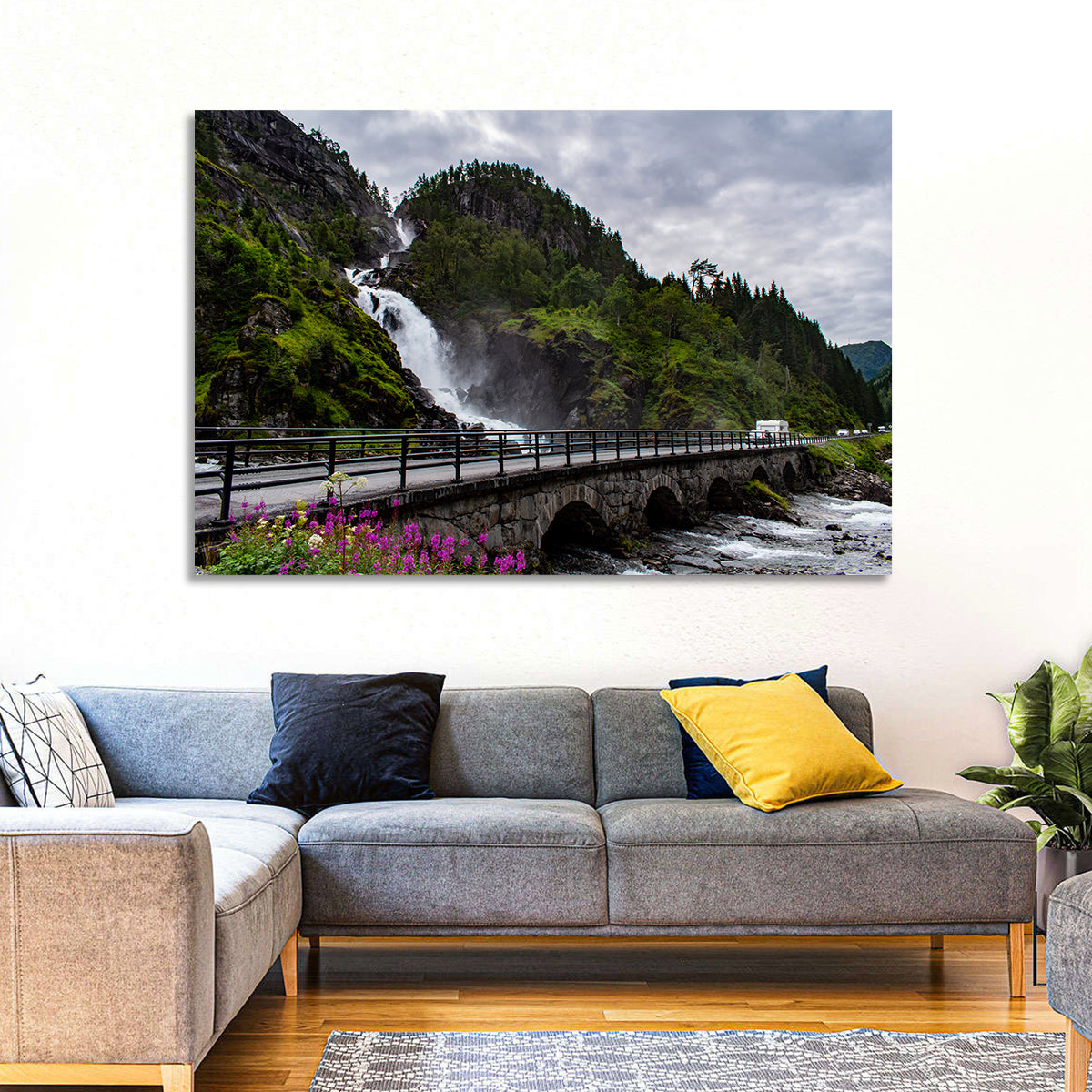 Låtefossen Stone Bridge and Waterfall Wall Art in a room, landscape