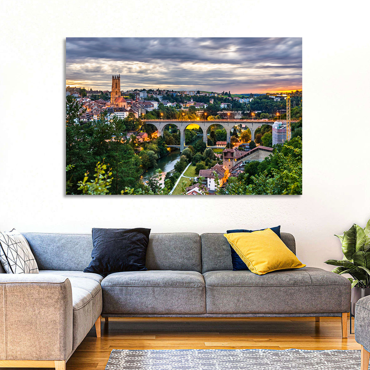 Zähringen Bridge at Twilight, Fribourg Wall Art in a room, landscape