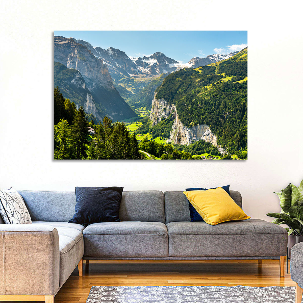 Lauterbrunnen Valley Waterfall View Wall Art in a room, landscape
