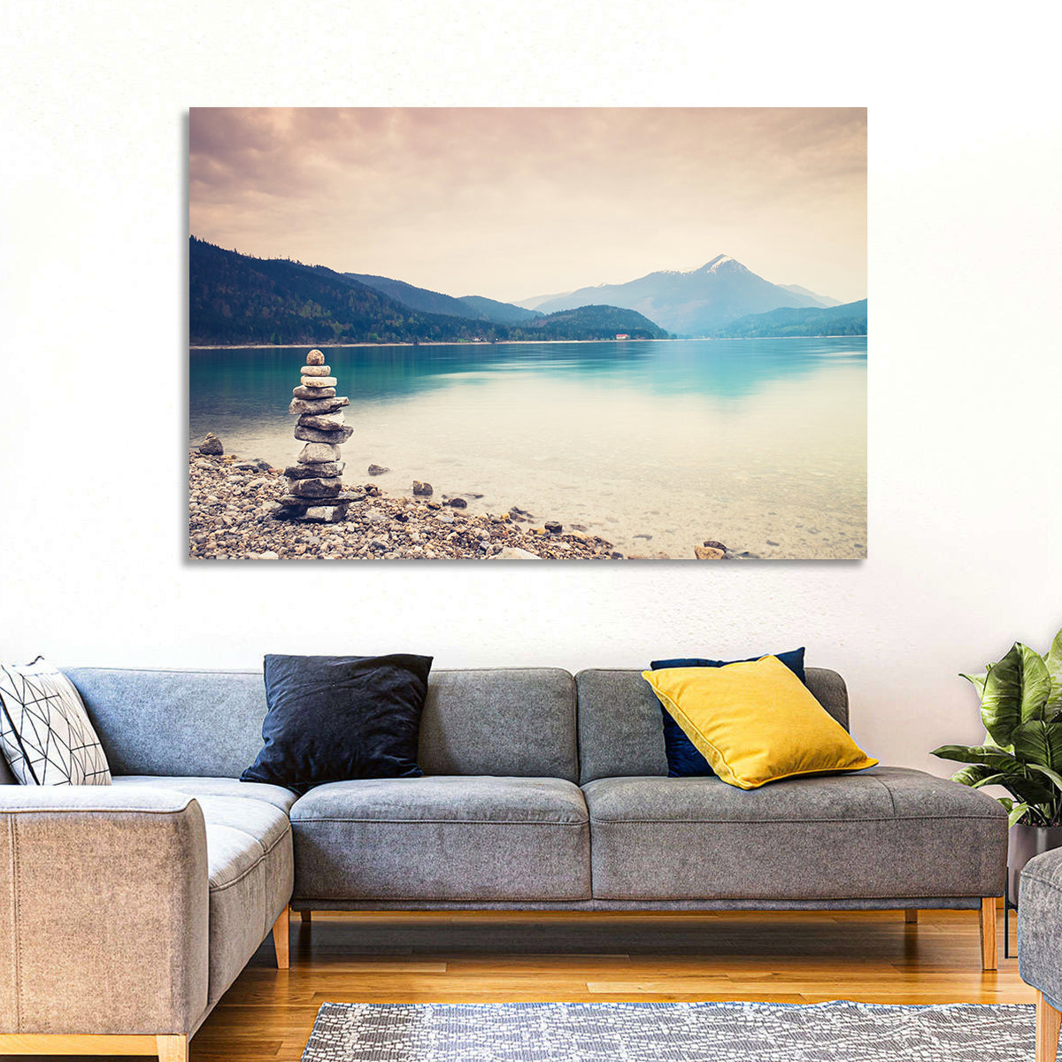 Stone Cairn by a Mountain Lake Wall Art